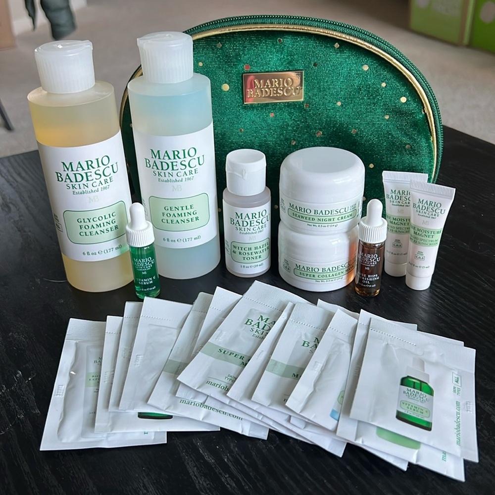 NEW - Mario Badescu full size cleansers, deluxe size samples, and cosmetic bag